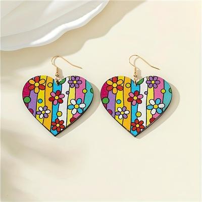 New Bohemian Wood Double-Sided Printed Heart Earrings Women's Fashion Love Earrings