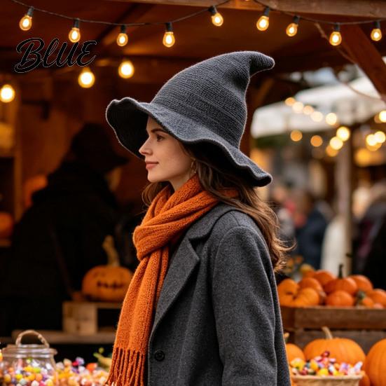 Cotton Knitted Wizard Hat Women Pointed Witch Hat Foldable Wide Brim Cap Halloween for Cosplay Autumn Winter Themed Party Costume Accessory