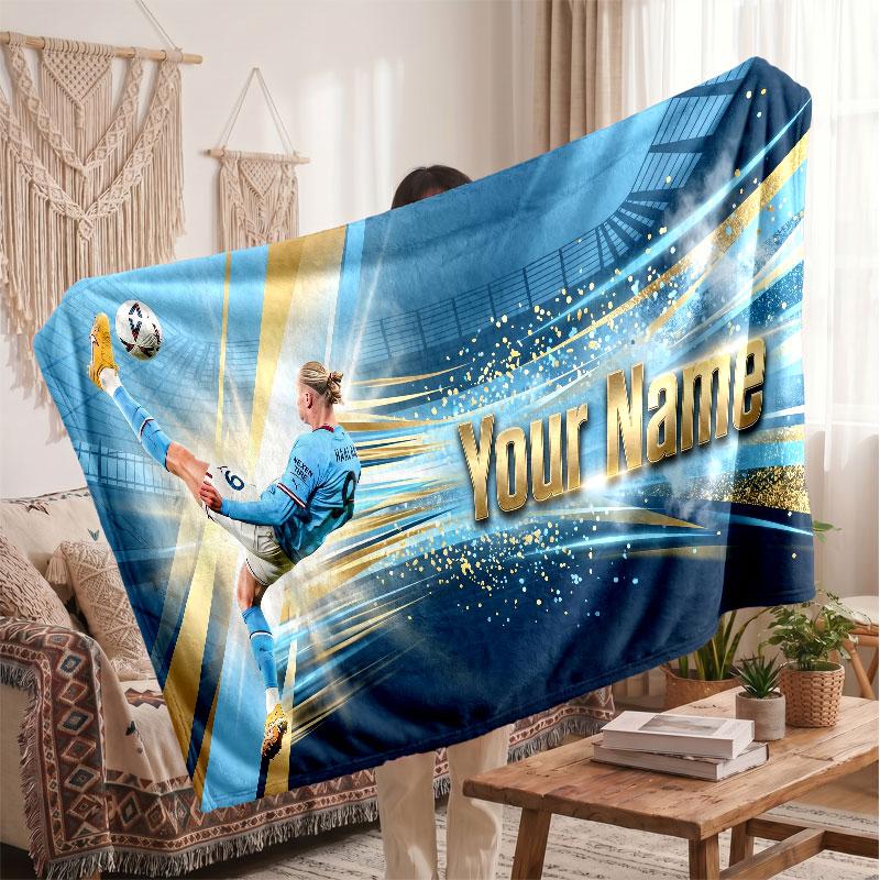Erling Haaland Personalized Fleece Blanket With Football Logo, Custom Name Text Soft Warm Home Throw Blanket