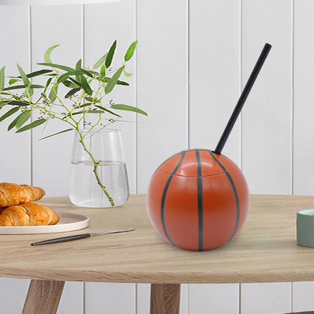 450ml Football Shaped Cups Glass Bottle Basketball Bottle with Lid and Straw for Cold Drinks Reusable Sealed for Party Supplies
