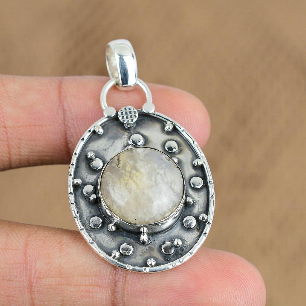 Natural Plume Agate Gemstone Pendant 925 Sterling Silver Jewelry For Women