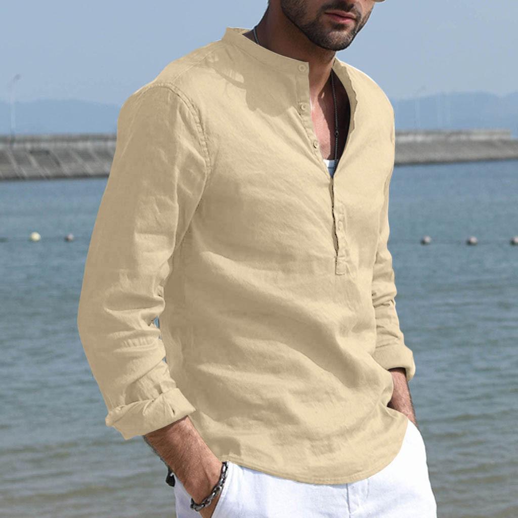 Mens Button Down Loose Long Sleeve Shirt Top Blouse Baggy Cotton Blend Solid Color Stand Collar Shirts Blouse Mens Button Down Loose Long Sleeve Shirt Top Blouse Baggy Cotton Blend Solid Color Stand Collar Shirts Blouse