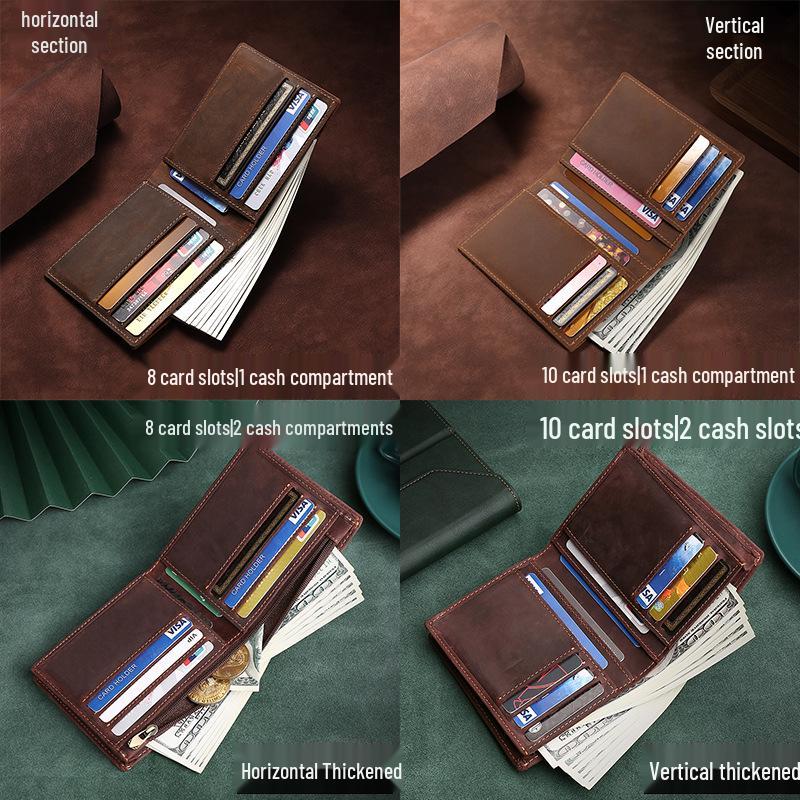 Herren Crazy Horse Leder Dreifach-Geldbörse - Großes Fassungsvermögen Retro Clutch