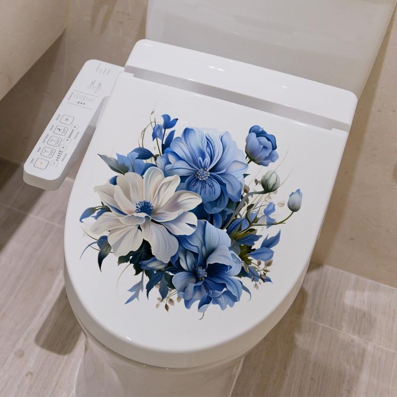 Blue White Floral Toilet Sticker Waterproof Self Adhesive Vivid Print Perfect For Bathroom Home Decor