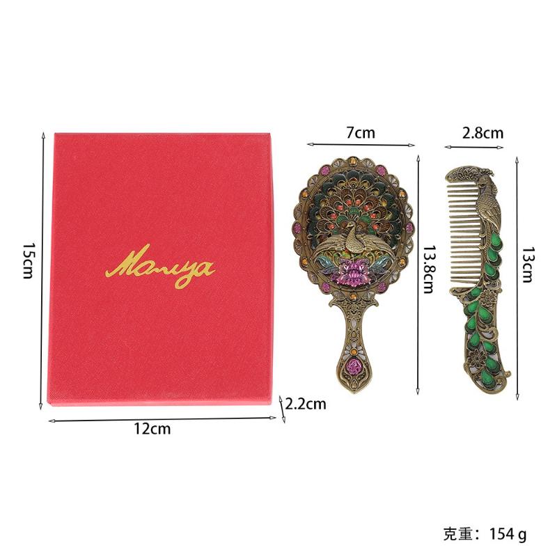 1set Vintage Peacock Makeup Mirror and Comb Women Portable Handheld Travel Vanity Mirror Elegant Retro Design