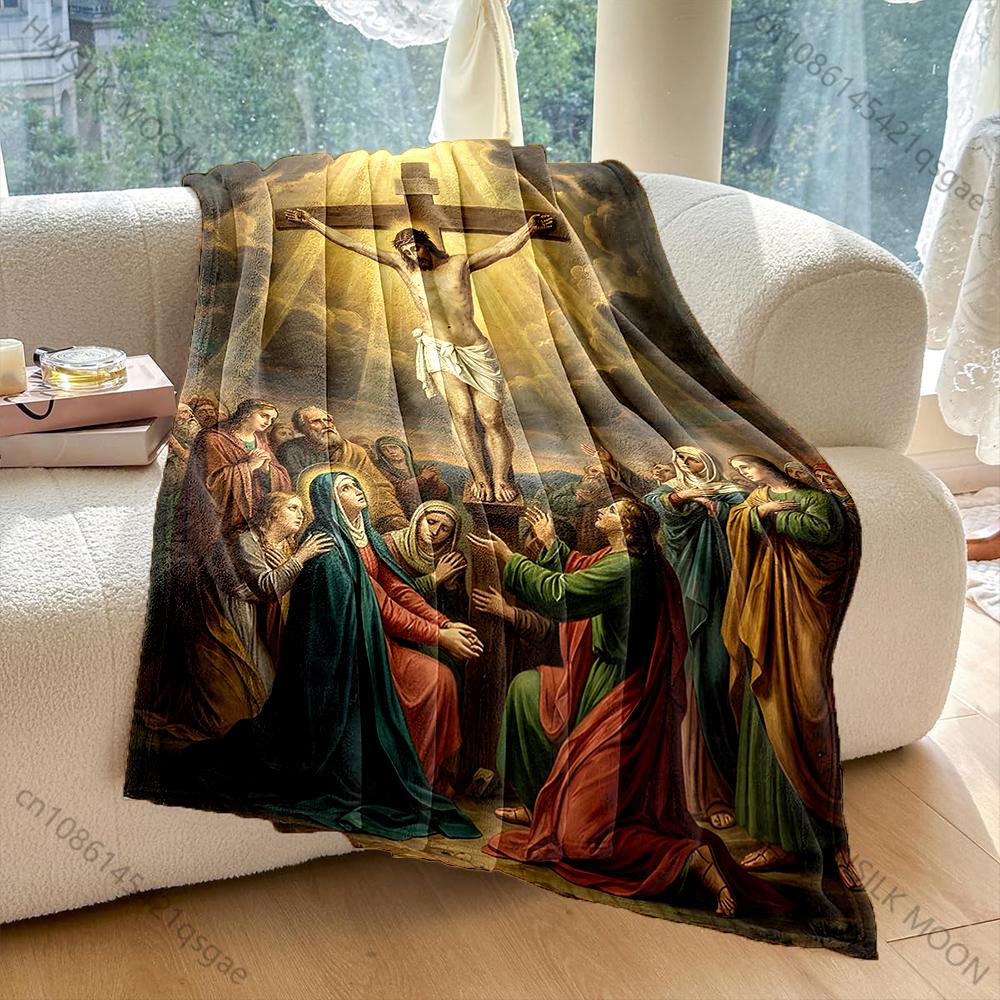 1PC Jesus crucifixion scene Print Blanket Warm Soft Fluffy Kids and Adult Sofa Bed Throw Blanket Outdoor Travel Camping RV