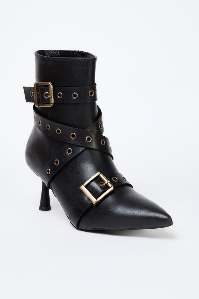 Black Eyelet and Antique Buckle Detailed Thin Heel Women's Boots