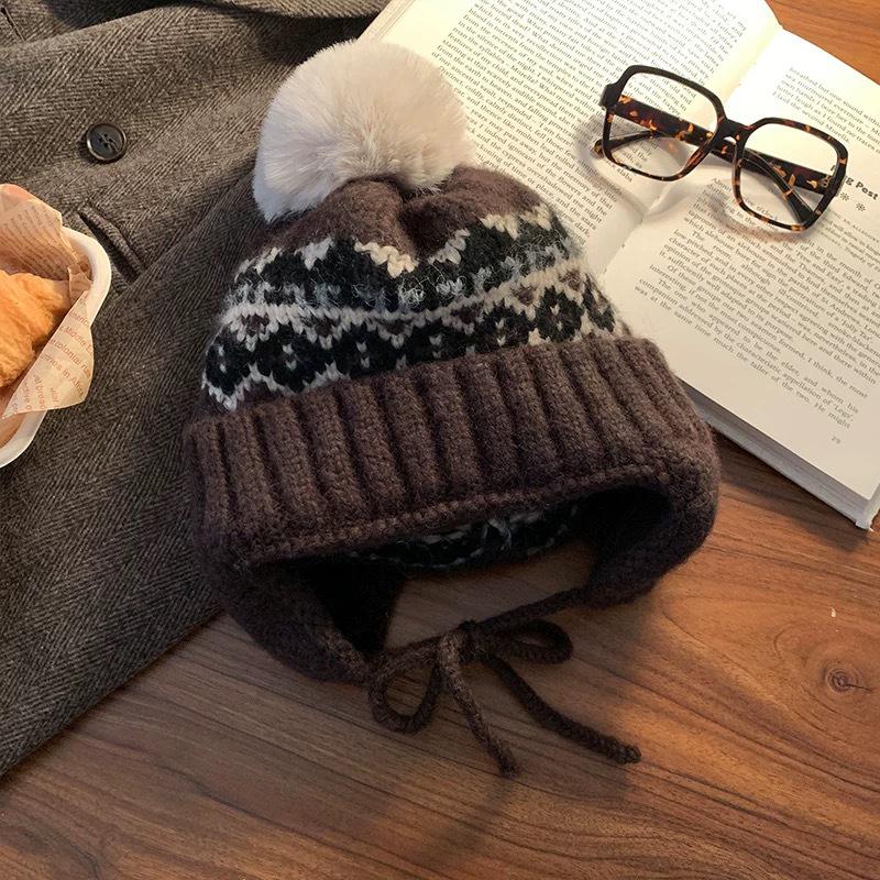 

Женская шапка-ушанка из толстой вязки в стиле Fair Isle для осени и зимы - теплая шапка-бини Лей Фэн