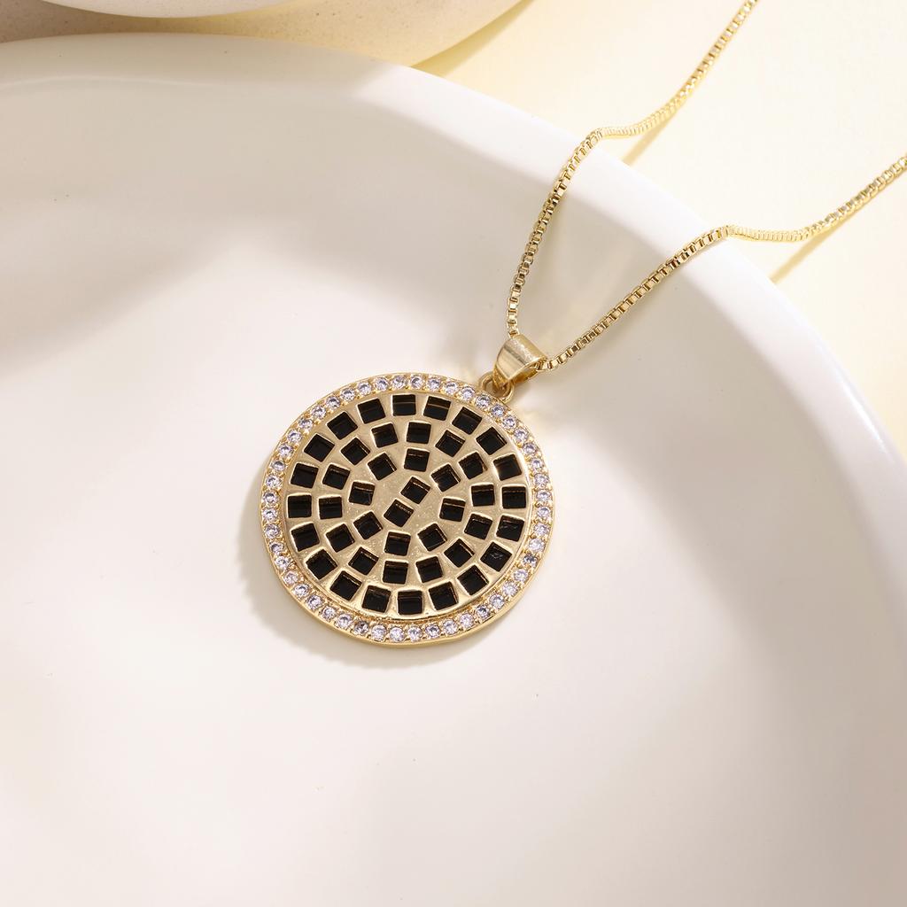 Nidin Geometric Mosaic Round Disk Pendant Necklace For Women Vintage Black Crystal Zircon Choker Trendy Statement Jewelry Gifts
