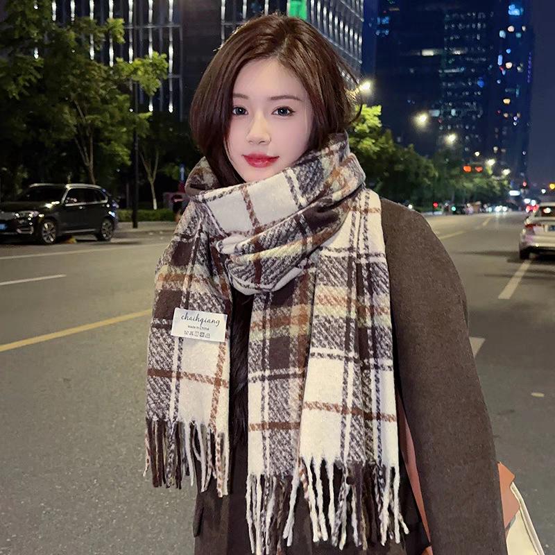 Women's Christmas Plaid Scarf - Autumn/Winter Korean-Style, Versatile Imitation Cashmere Shawl with Tassels