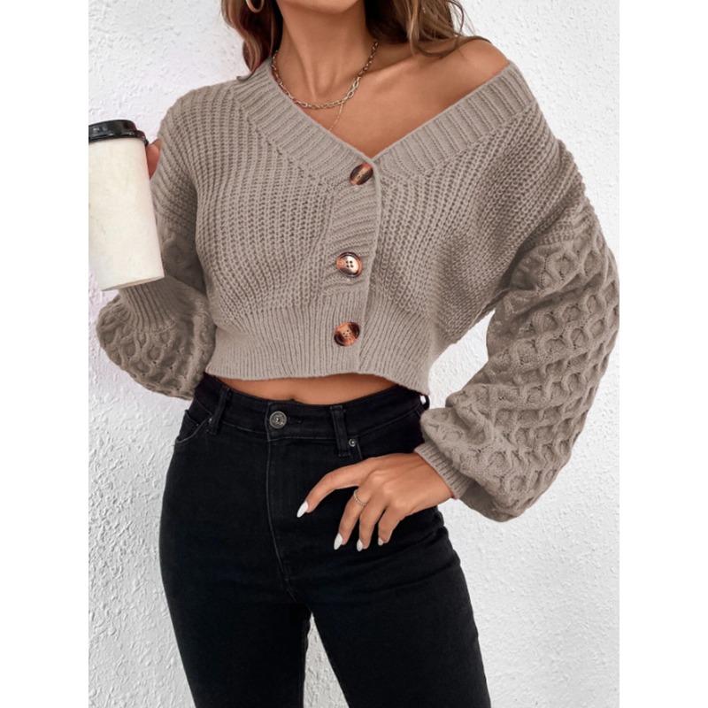 V Neck Single Breasted Drop Shoulder Solid Knit Cardigan