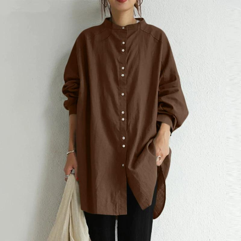 Camisa de Manga Larga de un Solo Botón con Cuello Alto Retro para Otoño e Invierno, Camisa Básica Casual Suelta de Color Sólido de Algodón y Lino para Mujer