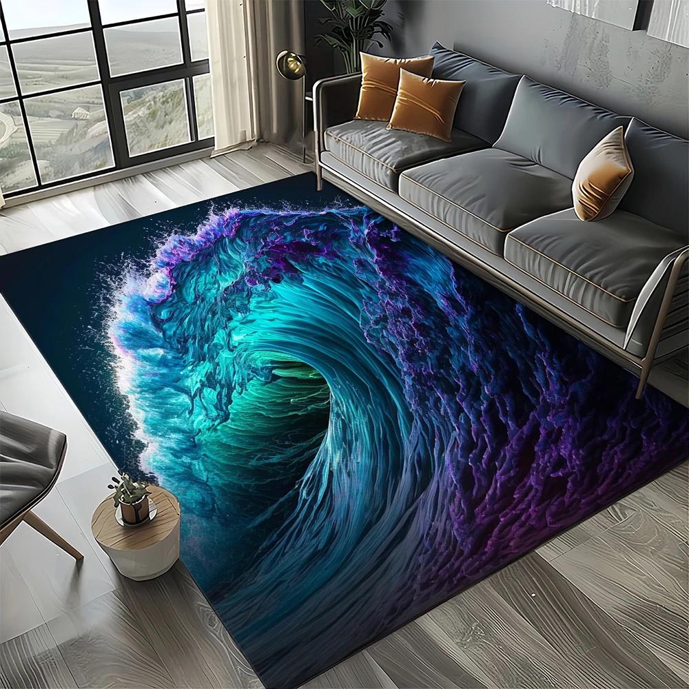 2025 New Style Blue Green Sea Wave Seawater Nature 3D Carpet Rug for Living Room Bedroom Home Sofa Decoration,Non-slip Floor Mat