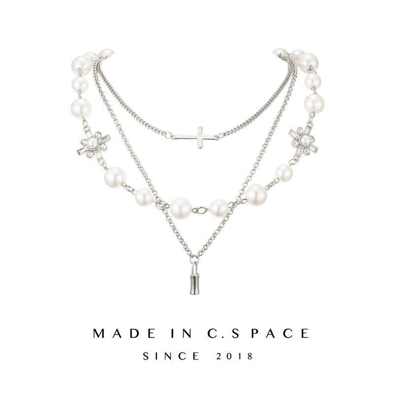 

Three-Layer Twin Cross Clavicle Chain Fancy Pearl Default