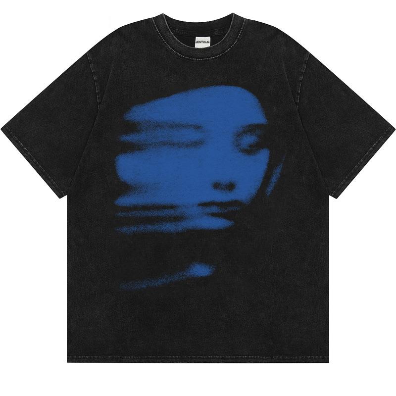 Harajuku 2024 Summer Men Washed Tshirt Black Streetwear Red Face Graphic Clothes Print Short Sleeve Top Cotton Loose Hipster Y2K