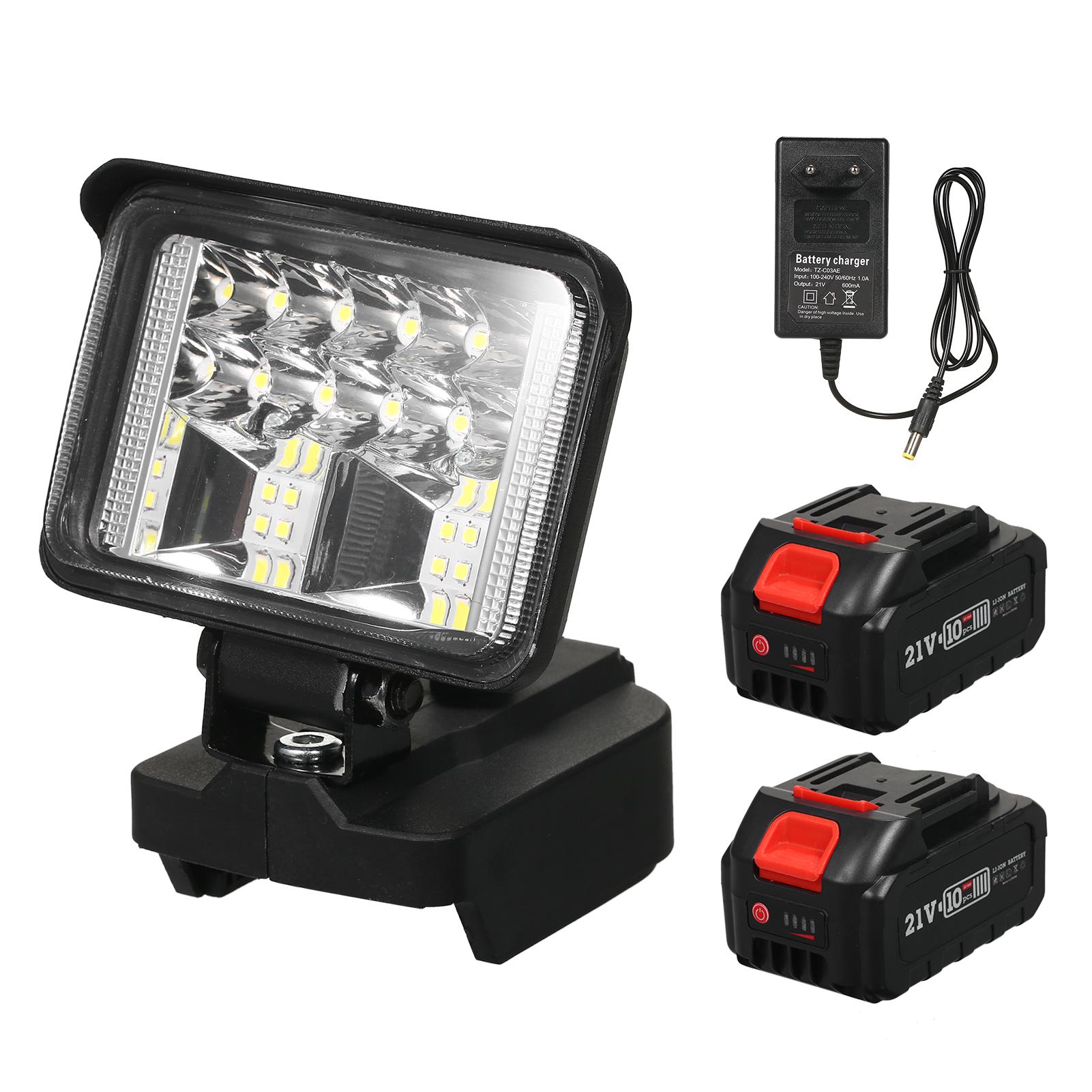 

3-дюймовый светодиодный рабочий фонарь для литиевых батарей 21 В. Супер яркое наружное освещение, вращение на 120 градусов. 2 Battery & EU Plug чёрный