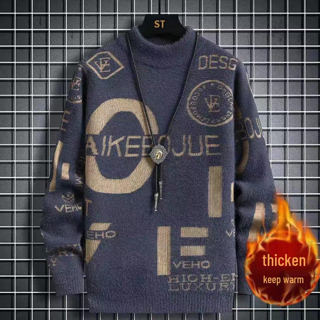 Men s Winter Mink Velvet Sweater: Warm, Versatile Knitwear with Jacquard Letters and Half-High Collar XXXL серый