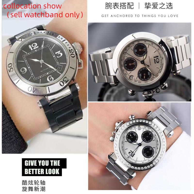 For Cartier PASHA series watch strap men 22mm notch 14 stainless steel Silver metal Watchband Folding Clasp bracelet Free screw