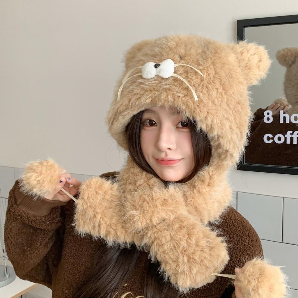 2-in-1 Bear Ears Plush Hat with Scarf Women Winter Warm Hooded Beanie Face Slimming Sweet Trapper Cap