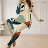 Women Plus Size White Blue Green Printed Front Zip Long Sleeve Top And Long Pants Two Piece Set