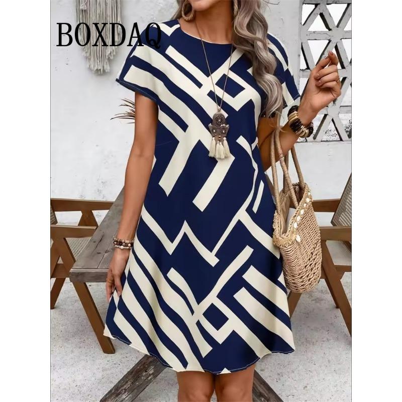 2026 Fashion Summer Dresses Women's Casual Abstract Floral Print Dress Casual Short Sleeve Loose A-Line Dress Y2k Ladies Clothes