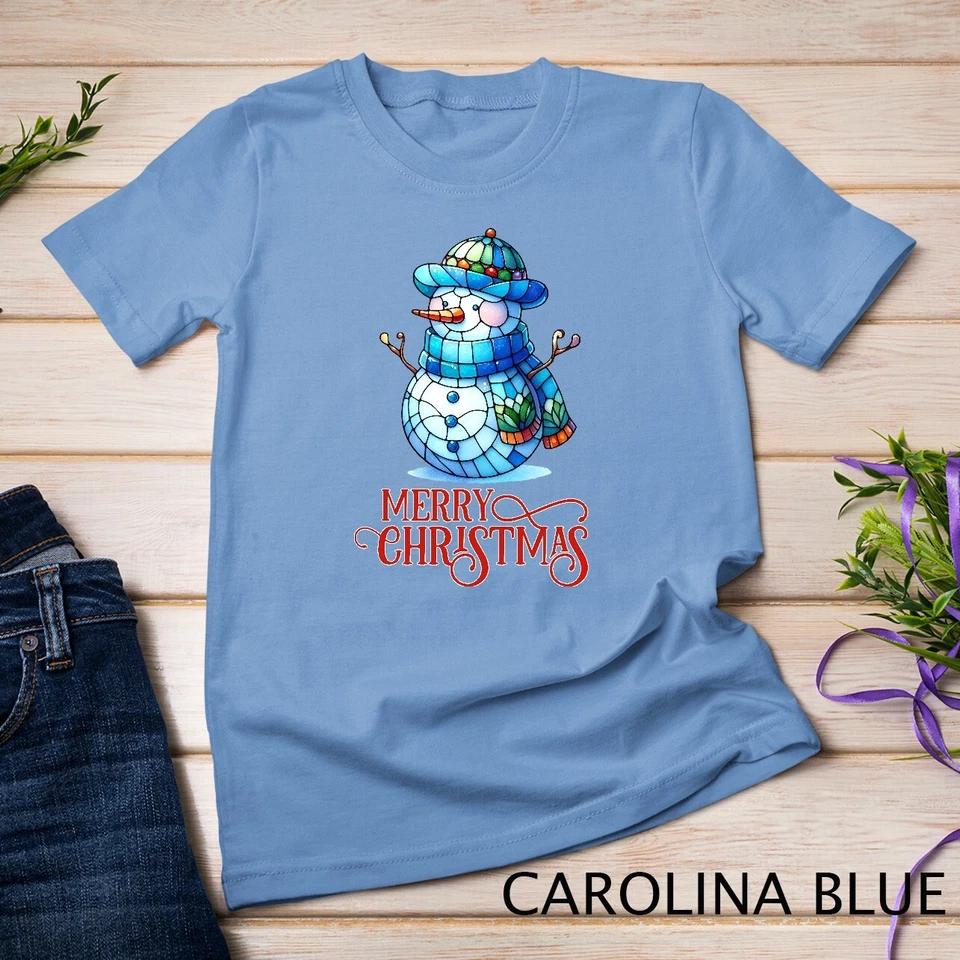 Cute Stained Glass Snowman Christmas Graphic Tee Funny Christmas Unisex T-shirt 3 S