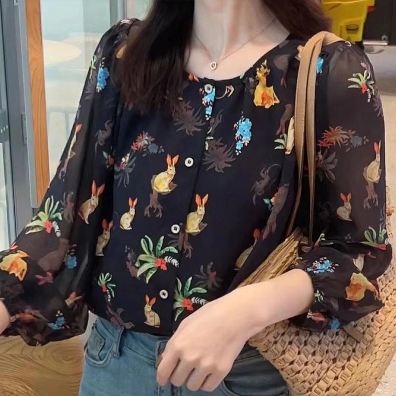 Fashionable, Fresh Chiffon Floral Long Sleeve Shirt for Women Spring and Summer New Casual Loose Puff Sleeve Top Trendy