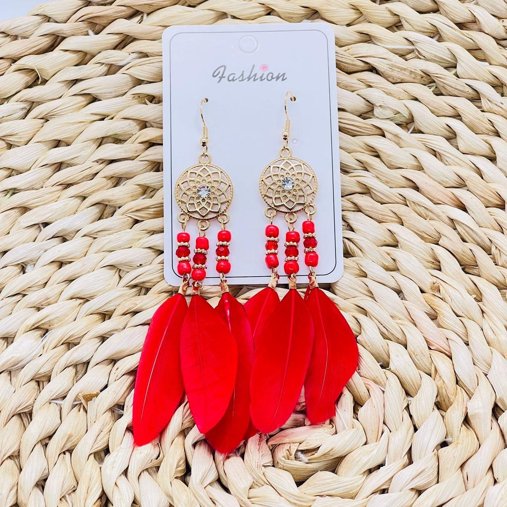 Vintage Bohemian Feather Tassel Earrings Exaggerated Ethnic Vacation Dangle Ear Jewelry Fashion Accessories For Women
