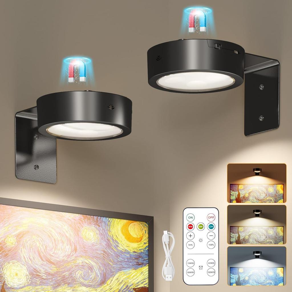 Brightown 2-Pack Picture Lights for Wall, Magnetic Art Display Picture Lights with Remote, 3 Lighting Modes Battery Operated Picture Light, Dimmable