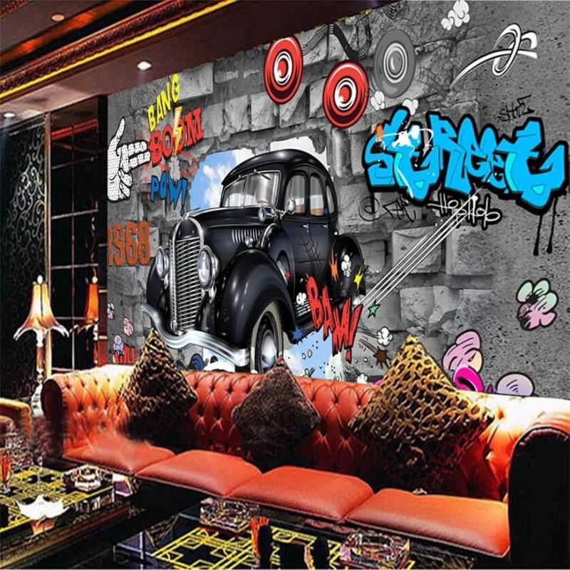 Large Wall Murals Retro European 3D Brick Wall Mural Car Graffiti Mural Wallpaper