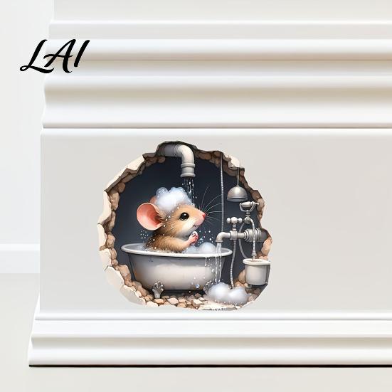Cute Animal Wall Decor Christmas Mouse Break‑Through Decals 3D Hole Self‑Adhesive Removable PVC Art Stickers DIY for Living Room Entryway