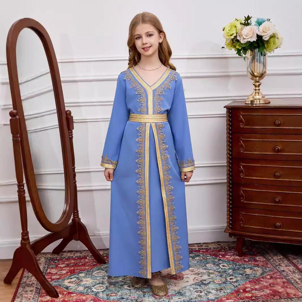Middle Eastern Girls' Lace V-Neck Robe Dress with Belt