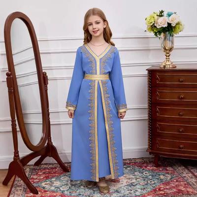 Middle Eastern Girls' Lace V-Neck Robe Dress with Belt