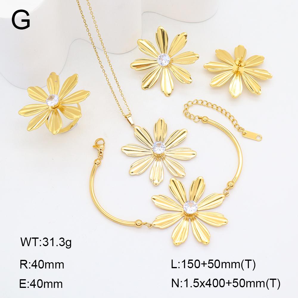 Stainless Steel Gold Flower Set Women 4pcs Necklace Earrings Bracelet Ring Cubic Zirconia Luxury Wedding Party Anniversary Gift