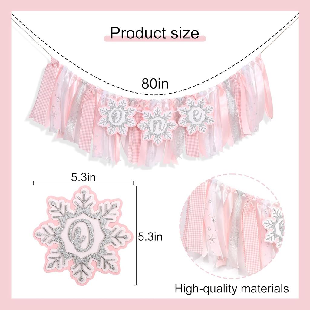 Pink Winter Onederland High Chair Banner – Winter Holiday 1st Birthday Decor, Pastel Pink and Silver Snowflake Highchair Tutu for Girl Cake Smash