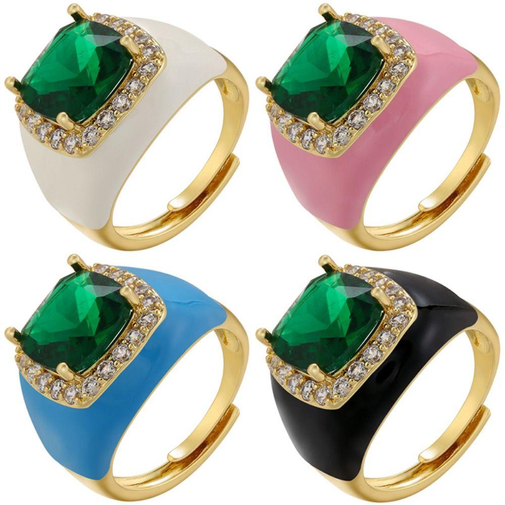 Gold Plated Zircon Open Ring Multicolor Geometric Square Ring Enamel Dripping Oil Ring  For Women