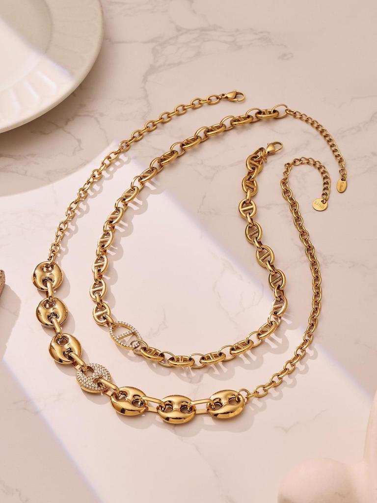 Stainless Steel Pig Nose Zircon-Inlaid Jewelry Set: Necklace, Bracelet, Earrings