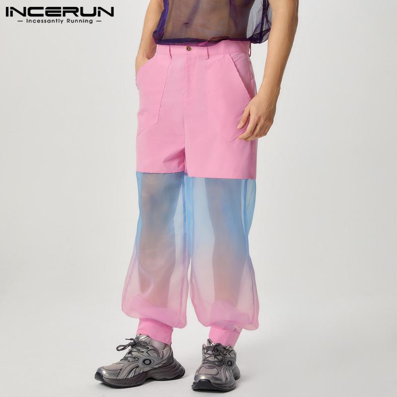 INCERUN Bărbați Degradat Tie Dye Mesh Patchwork Pantaloni Talie Înaltă Pantaloni Transparenti