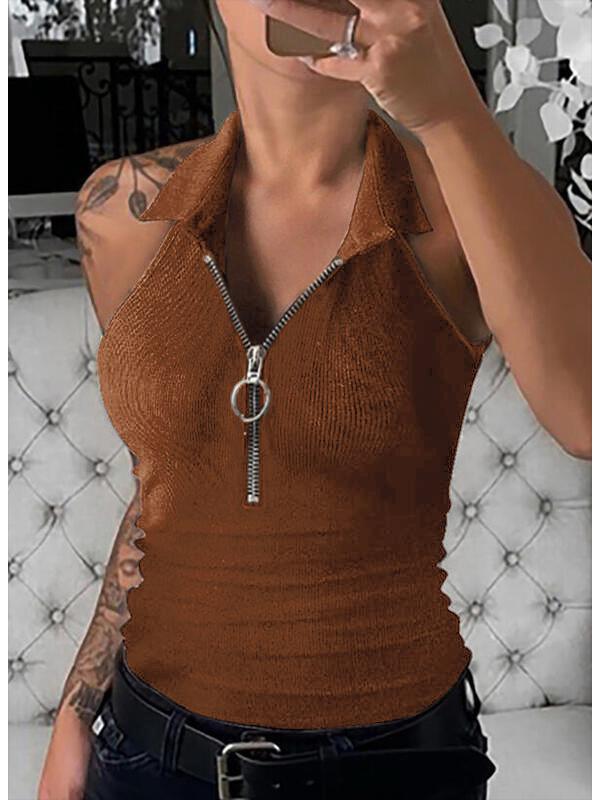 2024 Spring/Summer Women's Solid Color Ribbed Zip-Up Vest, Casual Fashion T-Shirt