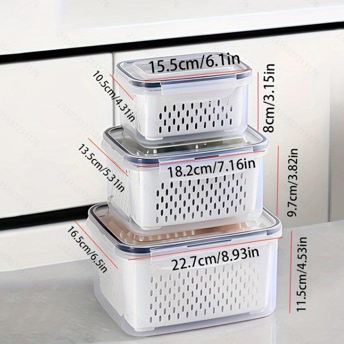 Three-Piece FCM Certified Microwaveable Food Storage Containers with Fruit and Vegetable Drainer.