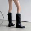 Cowhide Version~ Korean Lazy Wind Round Head Inner Height Increase Medium and High Boots Knight Boots Women's 2025 New Cowboy Boots