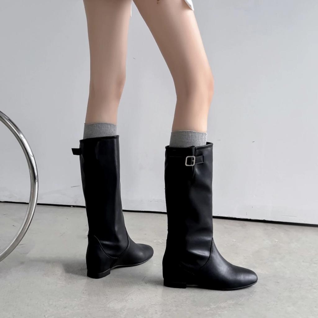 Cowhide Version~ Korean Lazy Wind Round Head Inner Height Increase Medium and High Boots Knight Boots Women's 2025 New Cowboy Boots