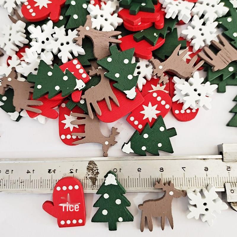 Christmas Tree & Elk Wood Decorative DIY Buttons Set: Printed Gloves & Colorful Designs