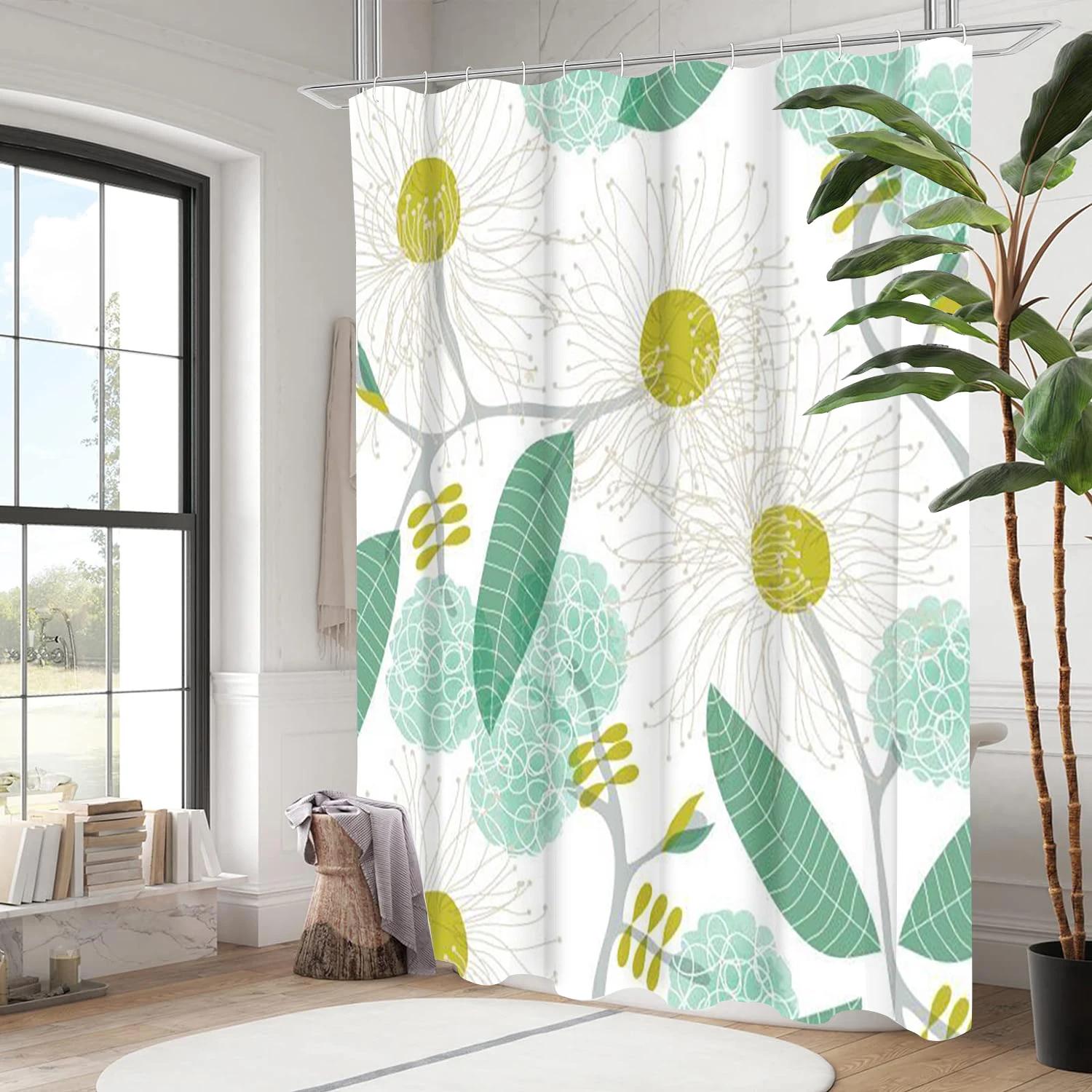 

Leaves Pattern Bathing Curtain Bathroom Letters Shower Curtain Waterproof With 12 Hooks Fishes Home Deco W60H190(CM)-1 Pcs