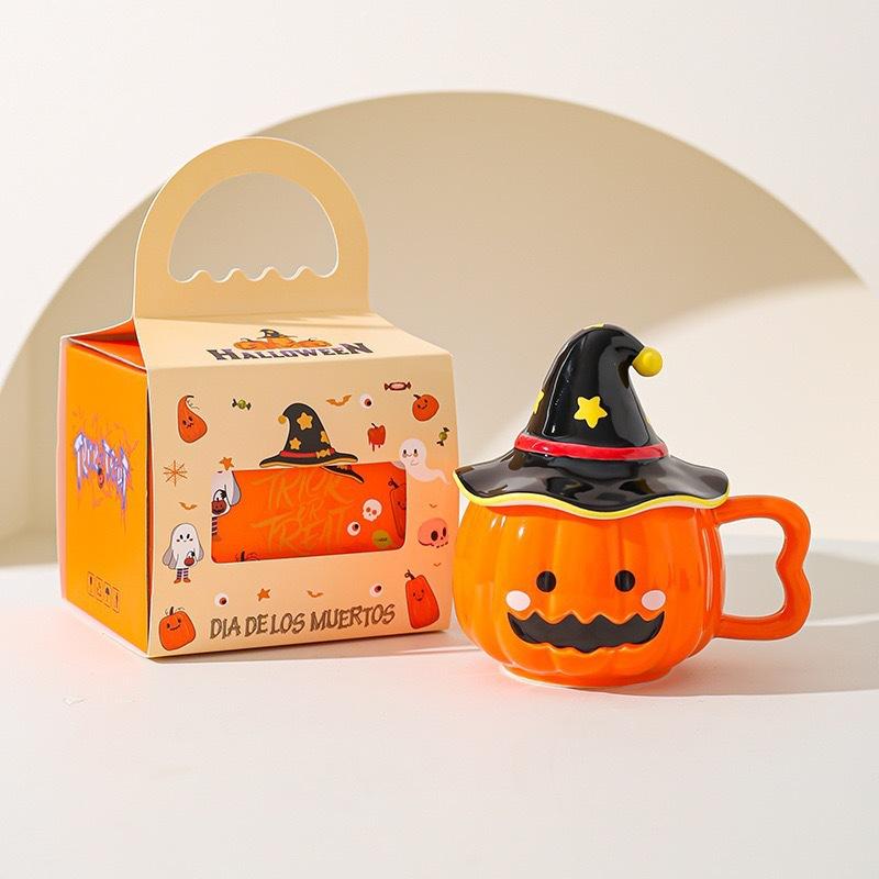 Halloween decorative gift pumpkin ceramic cup with high value mug gift box office funny water cup