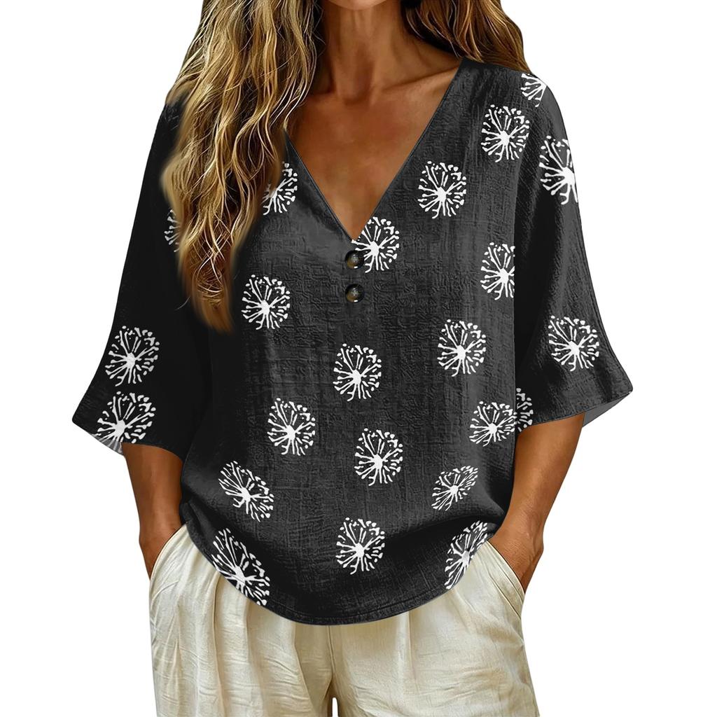 Women's Vintage Floral Print V-Neck T-Shirt - Loose Fit Short Sleeve Blouse, Faux Cotton-Linen Fabric
