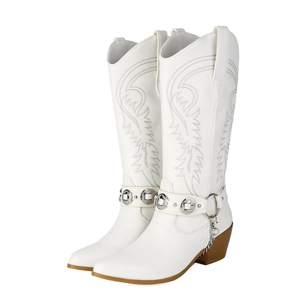 Embroidery Western Boots Women's Mid Calf Cowboy Boots Belt Buckle Chain Decor Shoes Comfy Med Heels Footwear
