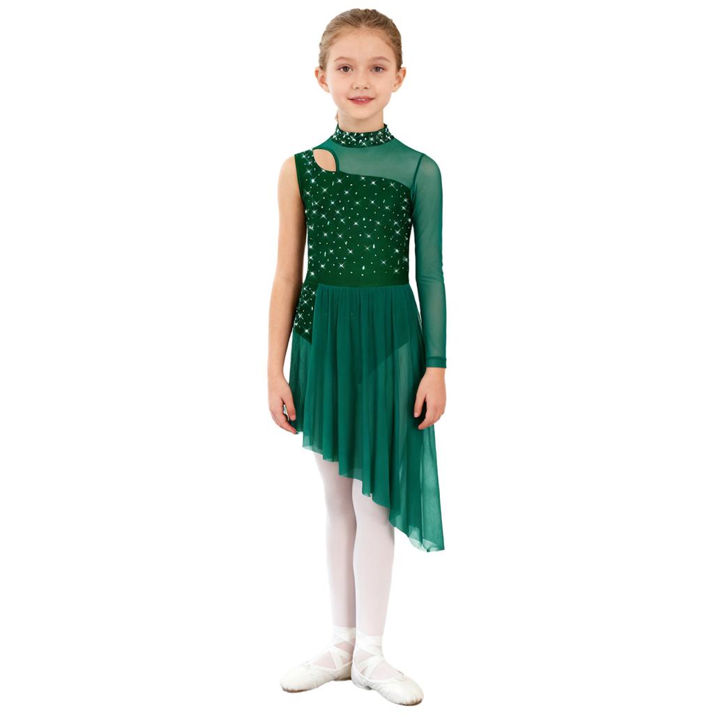 Complete Competition Lyrical Costume for Girls: Features Asymmetrical Design, Mock Neck, Mesh & Rhinestone Details