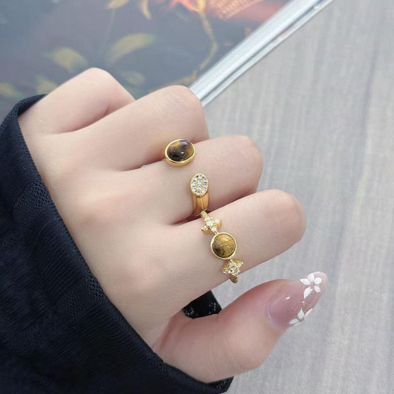 Maillard Imitation Tiger'S Eye Stone Inlaid Zir*****Pen Ring, Female Irregular Temperament Simple Retro Personality Stacked Ring