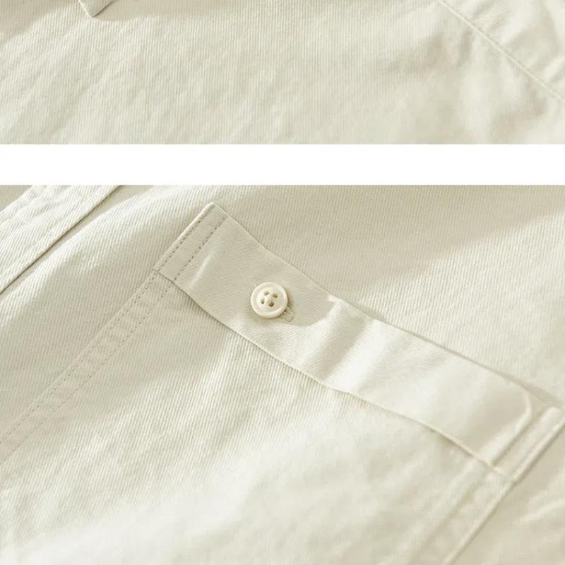 Frühling und Sommer 100 Baumwolle Langarm Herrenhemd Täglich Vielseitiges Freizeit-Oberteil Einfarbiges Hemd mit Tasche Schlichter Stil Herrenbekleidung
